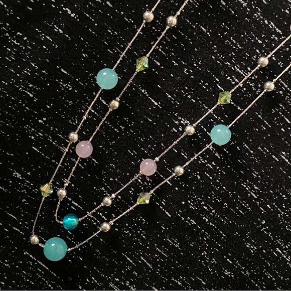 Jewelry - Multi-Strand Pastel Gemstone Bead Necklace Aqua | Pink | Lime | Silver-Tone